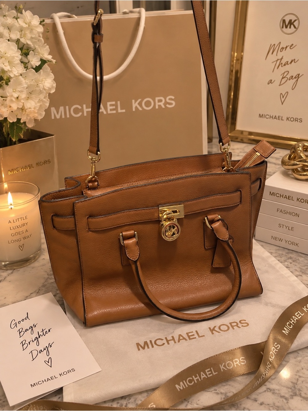 Michael Kors Cognac Brown Leather Satchel with Gold Hardware